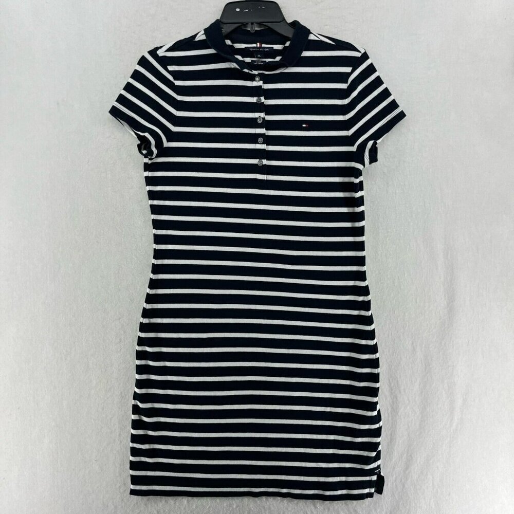 Tommy Hilfiger Shirt Dress Women's Sz M Black White Striped Popover Short Sleeve